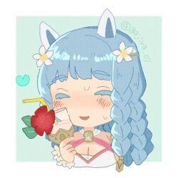 1girl bikini blue_hair braid breasts chibi chibi_only cleavage closed_eyes cup drinking_glass drinking_straw facing_viewer fire_emblem fire_emblem_heroes flower gajira_07 hair_flower hair_ornament heart heidrun_(fire_emblem) heidrun_(summer)_(fire_emblem) holding holding_cup large_breasts nintendo official_alternate_costume open_mouth solo swimsuit twitter_username upper_body white_bikini