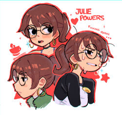 ... 1girl absurdres black-framed_eyewear black_eyes blush brown_hair character_name choker closed_mouth collarbone commentary earrings english_commentary english_text glasses highres hoop_earrings jewelry julie_powers kaatokun long_sleeves multiple_views name_tag open_mouth ponytail profanity round_eyewear scott_pilgrim_(series) scott_pilgrim_takes_off short_hair short_ponytail simple_background sweat teeth twitter_username upper_teeth_only white_background