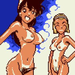 2girls bikini_tan blonde_hair blue_sky bob_cut breasts brown_eyes brown_hair closed_eyes cloud cowboy_shot facing_viewer hairband hand_on_own_hip long_hair looking_at_viewer medium_breasts meitantei_conan mouri_ran multiple_girls navel nipples nude one-piece_tan open_mouth outdoors pixel_art pubic_hair pussy saiwai_hiroshi short_hair sky small_breasts smile standing suzuki_sonoko tan tanline