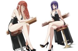 Rule 34 | 2girls, bar stool, bare legs, bare shoulders, black choker, black dress, breasts, chainsaw man, choker, cleavage, demon girl, dress, full body, high heels, legs, makima (chainsaw man), medium breasts, multiple girls, narrow waist, patent heels, pumps, red hair, reze (chainsaw man), shoes, sidelocks, simple background, stiletto heels, stool, twitter username, white background, yvonne