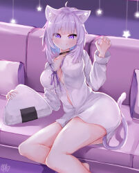1girl absurdres ahoge animal_ear_fluff animal_ears black_collar blue_hair breasts cat_ears cat_girl cat_tail cleavage closed_mouth collar colored_inner_hair couch highres hololive large_breasts looking_at_viewer ma_draws multicolored_hair neck_ribbon nekomata_okayu nekomata_okayu_(oversized_shirt) official_alternate_costume on_couch purple_eyes purple_hair purple_ribbon ribbon shirt short_hair smile solo tail virtual_youtuber white_shirt