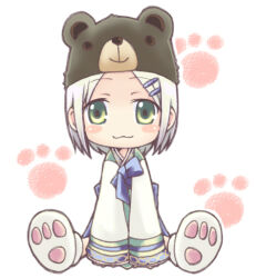 1girl :3 bear_hat blue_bow blue_bowtie blush blush_stickers bow bowtie chibi chibi_only closed_mouth commentary_request full_body green_eyes green_shirt hair_ornament hairclip looking_at_viewer paw_print paw_print_background paw_shoes porinu ragnarok_online shirt simple_background sitting smile solo soul_linker_(ragnarok_online) white_background
