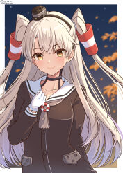 Rule 34 | 1girl, amatsukaze (kancolle), black choker, brown dress, brown eyes, brown neckerchief, choker, dress, gloves, hair tubes, hat, highres, kantai collection, lifebuoy ornament, long hair, mini hat, neckerchief, one-hour drawing challenge, sailor collar, sailor dress, shiromaru (maniado), smile, smokestack hair ornament, solo, two side up, white gloves, white hair, white sailor collar