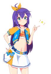 1girl absurdres ahoge aqua_eyes blue_bow blue_jacket bow bow_hairband bow_skirt breasts buttons closed_mouth collarbone cowboy_shot crop_top cropped_jacket cropped_shirt hair_ornament hairband hand_on_own_hip hand_up highres hood hood_down hooded_jacket idolmaster idolmaster_million_live! index_finger_raised inusoku jacket light_blush long_hair looking_at_viewer midriff miniskirt mochizuki_anna multicolored_bow multicolored_jacket navel open_clothes open_jacket purple_hair shirt short_sleeves simple_background skirt small_breasts smile solo standing star_(symbol) straight_hair white_background white_shirt white_skirt wristband yellow_bow yellow_hairband yellow_jacket