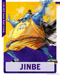 1boy armpits arms_up artist_name artist_request basketball_jersey basketball_uniform beard black_cape blue_skin cape character_name colored_skin dated facial_hair fangs fish_boy from_below geta highres jinbe_(one_piece) legs_apart looking_ahead los_angeles_lakers national_basketball_association official_art one_piece promotional_art sharp_teeth shirt shorts sportswear standing teeth topknot v-shaped_eyebrows webbed_hands yellow_shirt yellow_shorts
