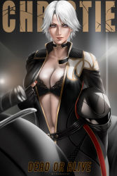 1girl artist_name biker_clothes bikesuit black_bra bodysuit bra breasts character_name choker christie_(doa) cleavage commentary copyright_name dead_or_alive dead_or_alive_3 female_focus fingerless_gloves fingernails frilled_bra frills gloves helmet highres large_breasts lips long_sleeves looking_at_viewer motor_vehicle motorcycle motorcycle_helmet nail_polish navel on_motorcycle open_bodysuit open_clothes parted_lips purple_eyes red_nails short_hair simple_background solo stomach underwear white_hair wtparadise