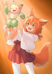 1boy 1girl :d animal_ears arm_up baby batta_(kanzume_quality) bib blonde_hair carrying carrying_baby carrying_person commentary_request facing_viewer fangs fox_boy fox_ears fox_girl fox_son_(batta_(kanzume_quality)) fox_tail index_finger_raised japanese_clothes kitsune_no_oyome-chan kitsune_no_oyome-chan_to_musuko-chan light_rays meme miko open_mouth orange_background paid_reward_available rafiki_holding_simba_(meme) simple_background smile tail