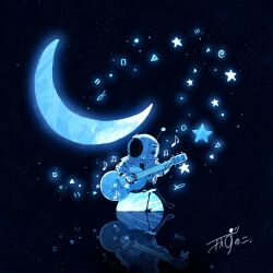 Rule 34 | 1other, absurdres, artist name, astronaut, circle, commentary, crescent moon, crossed legs, eighth note, equal sign, fish, flying fish, full body, gloves, glowing, guitar, helmet, highres, holding, holding guitar, holding instrument, instrument, kazunoko (kazunoko zunoco), looking to the side, moon, music, musical note, original, other focus, planet, playing instrument, radio antenna, reflection, signature, sitting, solo, space, space helmet, spacesuit, spiral, square, star (sky), star (symbol), triangle, white gloves