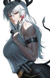 1girl ahoge armband bare_shoulders belt black_armband black_gloves black_horns black_pants black_tail breasts commentary curled_horns demon_tail english_commentary gloves half_gloves high-waist_pants highres horns large_breasts long_hair mole mole_under_eye muscular muscular_female pants parted_lips patreon_username red_eyes robusta_mania scar scar_on_arm scar_on_shoulder see-through_clothes simple_background solo tail tight_clothes tight_pants v white_background white_belt white_hair wuthering_waves zani_(wuthering_waves)