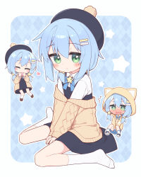 1girl absurdres animal_hood beret between_legs black_dress black_hat blue_background blue_bow blue_bowtie blue_hair blush blush_stickers border bow bowtie bright_pupils brown_cardigan cardigan cat_hood chibi closed_eyes closed_mouth collared_shirt commission dress full_body green_eyes hair_between_eyes hair_ornament hairclip hand_between_legs hat heart highres holding hood hood_up hoodie kneehighs looking_at_viewer low_twintails multiple_views no_shoes nose_blush open_cardigan open_clothes open_mouth original pinafore_dress second-party_source shirt short_dress sitting skeb_commission sleeveless sleeveless_dress socks star_(symbol) star_hair_ornament star_symbol_background thank_you twintails wariza wavy_mouth white_border white_pupils white_shirt white_socks yellow_hoodie yuune_(ayanepuna)