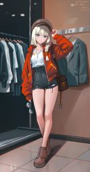 Rule 34 | 1girl, absurdres, aqua eyes, arm up, bare legs, beret, blonde hair, braid, brown hat, brown shoes, closed mouth, clothes hanger, collarbone, commission, cross, cross necklace, dated, full body, hand on headwear, hat, high-waist shorts, highres, indoors, jacket, jewelry, long hair, long sleeves, looking at viewer, necklace, open clothes, open jacket, original, pixiv commission, qingli ye, red jacket, shirt, shoes, short shorts, shorts, side braid, standing, sunglasses, torn clothes, torn shorts, unworn eyewear, white shirt