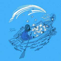 1girl artist_name blue_background boat dated fish highres lamp medium_hair nothingblues_yuki original paddle watercraft