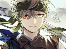 Rule 34 | &gt;:), 1boy, black sash, brown hair, brown vest, closed mouth, commentary, eyes visible through hair, green headband, grey background, grey shirt, hair between eyes, headband, highres, light particles, looking at viewer, male focus, matsunaka hiro, orange eyes, original, portrait, sanpaku, sash, shirt, smile, solo, v-shaped eyebrows, vest