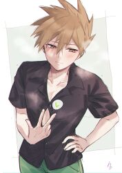 1boy arm_up black_shirt blue_oak blush brown_eyes brown_hair closed_mouth clothing_cutout collarbone collared_shirt commentary_request double-parted_bangs embarrassed fingernails green_pants hair_between_eyes hand_on_own_hip heart highres image_in_speech_bubble looking_to_the_side male_focus nintendo open_collar pants pk_rgr96 pokemon pokemon_sm shirt short_hair short_sleeves sideways_glance solo speech_bubble spiked_hair wing_collar