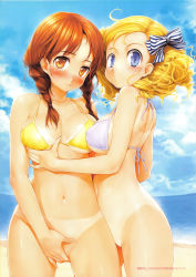 00s 2006 2girls absurdres beach bikini bikini_tan bikini_top_only blonde_hair blue_bikini blue_eyes blush bottomless bow braid breasts breasts_squeezed_together brown_eyes brown_hair cleavage cloud covering_crotch covering_privates day grabbing_another&#039;s_breast groping hair_bow highres ishikei long_hair medium_breasts multiple_girls navel ocean one-piece_tan original outdoors short_hair sky swimsuit tan tanline twin_braids twintails uncensored water wavy_hair yellow_bikini yuri