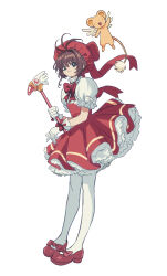 1girl aisikadan antenna_hair beret bow bowtie cardcaptor_sakura closed_mouth dress footwear_bow frilled_dress frills full_body fuuin_no_tsue gloves green_eyes hair_intakes hat highres holding holding_wand kero_(cardcaptor_sakura) kinomoto_sakura kinomoto_sakura_(magician) mary_janes pantyhose puffy_short_sleeves puffy_sleeves red_bow red_bowtie red_dress red_hat red_shoes shirt shoes short_hair short_sleeves simple_background smile solo wand white_background white_gloves white_pantyhose white_shirt
