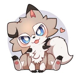 Rule 34 | absurdres, animal focus, blue eyes, blush, bright pupils, claws, full body, gen 7 pokemon, heart, highres, looking at viewer, lycanroc, lycanroc (midday), nintendo, no humans, pokemon, pokemon (creature), sevi (seviyummy), sitting, smile, tongue, white pupils