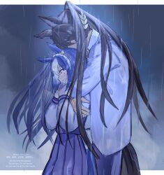 1boy 1girl black_hair blue_hair cesario_(umamusume) genderswap genderswap_(ftm) highres horse_boy horse_girl horse_tail hug hug_from_behind long_hair multicolored_hair rain recursive_genderswap short_hair sugomori_tsuru_(hana_tsuru_wo) symboli_kris_s_(umamusume) tail umamusume water_drop