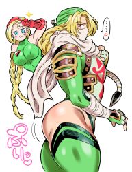 2girls adapted_costume armor armpits bad_id bad_pixiv_id blonde_hair blue_eyes braid breasts cammy_white capcom covered_mouth cowboy_shot doboshiru from_side gloves green_jumpsuit halterneck hat jumpsuit leotard long_hair looking_at_viewer multiple_girls muscular muscular_female nintendo pauldrons ponytail red_eyes red_hat scarf sheik shoulder_armor simple_background sparkle speech_bubble standing street_fighter super_smash_bros. the_legend_of_zelda the_legend_of_zelda:_ocarina_of_time thighhighs thighs twin_braids v-shaped_eyebrows very_long_hair white_background