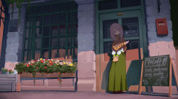 10s 1girl bag building capelet chalkboard_sign colored_skin dress english_text female_focus hair_ornament hair_over_one_eye hairclip highres little_witch_academia long_hair mailbox outdoors paper_bag plant potted_plant purple_hair purple_skin red_eyes shop sign skirt solo standing storefront sucy_manbavaran waterkuma