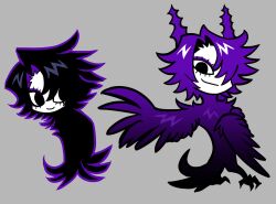 Rule 34 | 1girl, animal feet, bird legs, bird tail, black eyes, black feathers, claws, colored skin, feathered wings, feathers, full body, grey background, harpy, highres, horns, kakke666, looking at viewer, monster girl, multiple views, original, purple feathers, purple hair, purple wings, short hair, simple background, smile, tail, white skin, winged arms, wings
