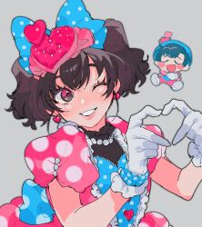 1boy 1girl animal_ears black_hair bow chibi disneyland dress earrings gloves hair_bow heart heart_hands highres humanization jewelry looking_at_viewer mickey_mouse mickey_mouse_&amp;_friends minnie_mouse moov_(mb_52) necklace one_eye_closed open_mouth pink_eyes polka_dot polka_dot_bow shirt short_hair smile white_gloves