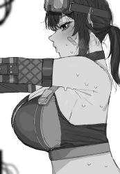 1girl blush breasts carrot_011 crop_top doodles eyewear_on_head from_side grace_howard greyscale hair_between_eyes highres huge_breasts long_hair looking_ahead monochrome ponytail sidelocks simple_background solo sweat sweatdrop upper_body white_background zenless_zone_zero