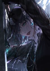 1girl 2024 absurdres against_wall aqua_eyes black_dress black_hair blue_gemstone chinese_commentary collar commentary crying crying_with_eyes_open dress earrings fascinator frilled_collar frills gem highres jelena_(path_to_nowhere) jewelry leaning_forward lightning linceyang looking_down necklace parted_lips path_to_nowhere pearl_earrings puffy_sleeves rain signature solo streaming_tears teardrop_facial_mark tears updo upper_body wet wet_clothes
