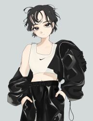 Rule 34 | 1girl, black eyes, black hair, black jacket, black pants, bright pupils, closed mouth, collarbone, commentary, crop top, eyelashes, grey background, hands in pockets, highres, jacket, lee joo-young, midriff, mole, mole above mouth, mole on collarbone, mole under eye, multiple moles, navel, nike (company), open clothes, open jacket, pants, photo-referenced, r0bou, real life, shirt, short hair, simple background, single bare shoulder, single off shoulder, sleeveless, sleeveless shirt, solo, twitter username, very short hair, white pupils, white shirt