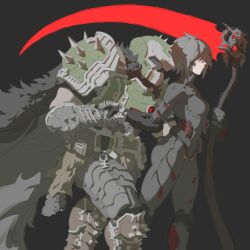 Rule 34 | 1boy, 1girl, absurdres, armor, assault visor, cape, doom (series), doomguy, gloves, helmet, highres, holding, muscular, original, pacpoi, praetor suit, scythe, short hair, spikes, weapon