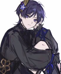 1boy alternate_costume black_shorts black_sleeves blunt_ends bright_pupils earrings eyeliner eyeshadow flower genshin_impact hair_flower hair_ornament hand_on_own_head highres hugging_own_legs jewelry knee_up long_sleeves looking_at_viewer makeup parted_lips puffy_sleeves purple_eyes purple_flower purple_hair red_eyeliner red_eyeshadow scaramouche_(genshin_impact) sgm618 shorts sitting solo tsurime twitter_username white_background white_mouth white_pupils wispy_bangs