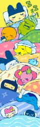4girls 5boys absurdres babytchi blanket chamametchi character_doll colorful commentary creature creature_focus dog doll english_commentary everyone flower flowertchi ginjirotchi gozarutchi highres kuchipatchi mametchi memetchi mimitchi multiple_boys multiple_girls ninja nyanrial nyorotchi pillow pochitchi rabbit sleeping sleepover smile tamagotchi tamagotchi_(creature) tamagotchi_connection zzz