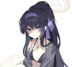 1girl bags_under_eyes bikini black_bikini black_hair blue_archive breasts brown_halo cardigan commentary grey_cardigan hair_between_eyes hair_ribbon hairband halo jewelry knees_up long_hair looking_at_viewer necklace official_alternate_costume open_cardigan open_clothes ponytail purple_hairband purple_ribbon ribbon sasa_(sa1008va) simple_background single_bare_shoulder small_breasts solo swimsuit ui_(blue_archive) ui_(swimsuit)_(blue_archive) upper_body white_background