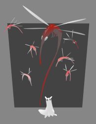Rule 34 | black eyes, bug, chinese commentary, commentary request, creature, giant insect, grey background, highres, hk bb, insect wings, looking at another, looking at creature, looking up, monster, no humans, noodlefly (rain world), oversized insect, rain world, sitting, slugcat, survivor (rain world), white fur, white wings, wings