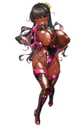 1girl alternate_skin_color black_boots black_hair blush boots breasts brown_gloves cleavage colored_inner_hair covered_erect_nipples dark-skinned_female dark_skin eyebrows_hidden_by_hair finger_to_own_chin fishnet_gloves fishnet_thighhighs fishnets full_body garter_belt gloves grin groin hair_ribbon highres huge_breasts inverted_nipples kantai_collection large_areolae large_variant_set lips long_hair looking_at_viewer multicolored_hair naganami_(kancolle) open_mouth pink_hair pubic_tattoo ribbon smile solo super_highleg taimanin_suit tattoo teeth thighhighs vambraces variant_set yellow_eyes yellow_ribbon yoshi_tama