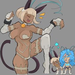 2girls belt belt_buckle belt_pouch blonde_hair blue_hair bob_cut breasts buckle cat_girl chibi closed_eyes cosplay costume_switch crop_top crossover dark-skinned_female dark_skin darkstalkers detached_leggings fangs felicia_(darkstalkers) felicia_(darkstalkers)_(cosplay) grey_background knee_up l_solaria large_breasts long_hair medium_hair ms._fortune_(skullgirls) ms._fortune_(skullgirls)_(cosplay) multiple_girls navel open_mouth pouch scar skullgirls smile solo_focus standing standing_on_one_leg underboob