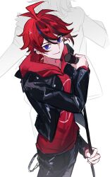 2boys ahoge aotsuki_eito black_pants blue_eyes character_background cowboy_shot cropped_jacket dated highres holding holding_microphone hood hoodie jacket jacket_over_hoodie male_focus microphone multicolored_hair multiple_boys official_alternate_costume pants red_hair red_hoodie short_hair smile streaked_hair sumino_takumi tansuan_yun the_hundred_line_-last_defense_academy- tower_records