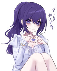 1girl aegyo_sal asahina_mafuyu bow breasts cleavage closed_mouth commentary_request feet_out_of_frame frilled_sleeves frills from_side hair_between_eyes hands_up heart heart_hands heart_in_eye heart_in_heart_hands highres jishou_210 knees_up long_hair long_sleeves looking_at_viewer ponytail project_sekai purple_eyes purple_hair ribbon shirt simple_background sitting sleeves_past_wrists smile solo symbol_in_eye translation_request white_background white_bow white_ribbon white_shirt