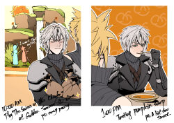 2boys aged_down armor bag black_coat black_sweater black_vest blonde_hair bomb bright_pupils chest_strap closed_eyes cloud_strife coat commentary day eating elbow_on_table elbow_rest english_commentary english_text explosive facing_away final_fantasy final_fantasy_vii final_fantasy_vii_advent_children final_fantasy_vii_ever_crisis food grass green_eyes grey_hair happy holding holding_bag holding_spoon male_focus multiple_boys outdoors outline pauldrons pointing pointing_at_another pumpkin pumpkin_soup sephiroth sephiroth_(ever_crisis) short_hair shoulder_armor smile soup sparkle spiked_hair spoon sweater time_paradox tongueeeeeee turtleneck turtleneck_sweater upper_body utensil_in_mouth vest white_outline