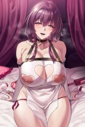 1girl bad_tag bare_shoulders bed bed_sheet blush breasts bridal_gauntlets choker cleavage cleavage_cutout clothing_cutout collarbone covered_navel dildo dress hair_between_eyes heart heart_cutout heavy_breathing highres honkai_(series) kafka_(honkai:_star_rail) large_breasts long_hair looking_at_viewer nipples on_bed open_mouth panties pillow purple_eyes purple_hair restart sex_toy side-tie_panties sitting smile solo sweat thighs underwear vibrator white_dress