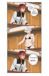 2girls ace_attorney asticassia_school_uniform black_bra black_hairband black_panties blush bra breasts closed_mouth commentary_request drooling grey_eyes gundam gundam_suisei_no_majo hairband highres jacket linea_alba long_hair long_sleeves looking_at_another meme miorine_rembran multiple_girls neckerchief oh_no_he&#039;s_hot_(meme) open_mouth panties qnhuw red_hair school_uniform small_breasts speech_bubble spongebob_squarepants_(series) suletta_mercury thought_bubble underwear underwear_only vietnamese_commentary white_hair white_jacket yellow_neckerchief yuri