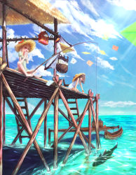 2girls bad_id bad_pixiv_id barefoot bird black_hair blonde_hair day dress fishing_rod holding_with_feet happy hat highres long_hair multiple_girls ocean original pelican pier red_eyes shark sky straw_hat water yazuwo