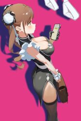 1girl absurdres bag black_dress black_thighhighs blush breasts brown_bag brown_hair bun_cover cellphone china_dress chinese_clothes cleavage closed_mouth double_bun dress from_side hair_bun highres holding holding_bag holding_phone idolmaster idolmaster_shiny_colors looking_at_phone phone pink_background profile sleeveless sleeveless_dress smartphone solo sonoda_chiyoko standing thighhighs tomber