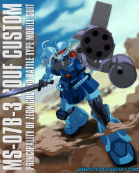 Rule 34 | aiming, aiming at viewer, ammotu, battle, cable, character name, cloud, cloudy sky, commentary, desert, deviantart username, dust cloud, english commentary, fake screenshot, gatling gun, gouf, gundam, gundam 08th ms team, machinery, mecha, mecha focus, mobile suit, no humans, one-eyed, photoshop (medium), radio antenna, robot, science fiction, shield, shoulder spikes, signature, sky, spikes, sword, weapon, zeon
