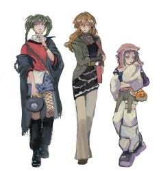 3girls bag bare_shoulders belt black_bag black_coat black_dress black_footwear blue_bra blue_skirt bra bracelet braid brown_eyes brown_hair candy coat d.gray-man denim denim_shorts dot_418 dress ear_piercing earrings food green_coat green_hair hat highres holding holding_bag holding_candy holding_food holding_lollipop jewelry lenalee_lee lollipop long_hair looking_at_viewer midriff miranda_lotto multiple_girls necklace open_mouth pants piercing pink_bag pink_hat pumpkin purple_bag purple_eyes purple_footwear purple_hair red_shirt road_kamelot shirt short_hair shorts skirt spiked_hair stomach sweat tongue tongue_out twin_braids underwear white_coat white_pants white_shirt yellow_eyes