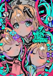 3girls absurdres blonde_hair blue_bow blue_eyes blue_hair blue_shirt blush bow cd chouzetsusaikawa_tenshi-chan closed_eyes closed_mouth commentary copyright_name cross_hair_ornament emoji hair_bow hair_ornament hat heart heart_hair_ornament highres long_hair looking_at_viewer momae_mac multicolored_hair multiple_girls needy_girl_overdose nurse_cap official_alternate_costume pink_bow pink_hair pink_shirt pleading_face_emoji purple_bow quad_tails rainbow sailor_collar shirt twintails upper_body