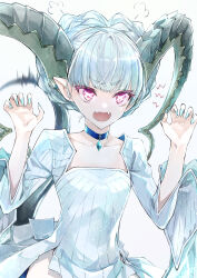 1girl absurdres aqua_hair braid breasts choker claw_pose collarbone crown_braid curled_horns dress fangs fate/grand_order fate_(series) hands_up highres horns jewelry kino_kokko larva_tiamat_(fate) larva_tiamat_(first_ascension)_(fate) long_hair long_horns long_sleeves looking_at_viewer open_mouth pendant pink_eyes pointy_ears ribbed_dress small_breasts solo symbol-shaped_pupils tail tiamat_(fate) white_dress