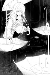 1girl absurdres bang_dream! bang_dream!_it&#039;s_mygo!!!!! chinese_commentary closed_mouth commentary_request dkl_(dinosaurkl2) greyscale hand_up highres kneehighs long_sleeves monochrome nagasaki_soyo school_uniform sidelocks socks solo squatting tsukinomori_school_uniform umbrella watermark weibo_watermark