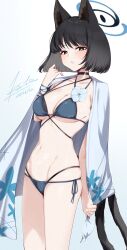 1girl absurdres animal_ears bikini black_eyes blue_archive blue_bikini bright_pupils cat_ears cat_girl cat_tail esto_0079 flower highres kikyou_(blue_archive) kikyou_(swimsuit)_(blue_archive) looking_at_viewer multiple_tails navel official_alternate_costume parted_lips solo swimsuit tail white_flower white_pupils