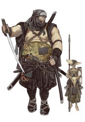 3boys absurdres forehead_protector goblin highres holding holding_sword holding_weapon japanese_clothes mossacannibalis multiple_boys ninja ninjatou ogre open_mouth pointy_ears polearm reverse_grip shield short_sword size_difference spear sword tattoo unsheathed warhammer_fantasy weapon